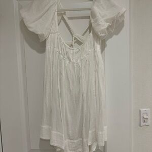 Free People White Mini Dress with Puff Sleeves